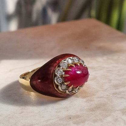 Vintage 1960s Cabochon Cut No Heat Burma Ruby Diamond and Red Enamel Ring