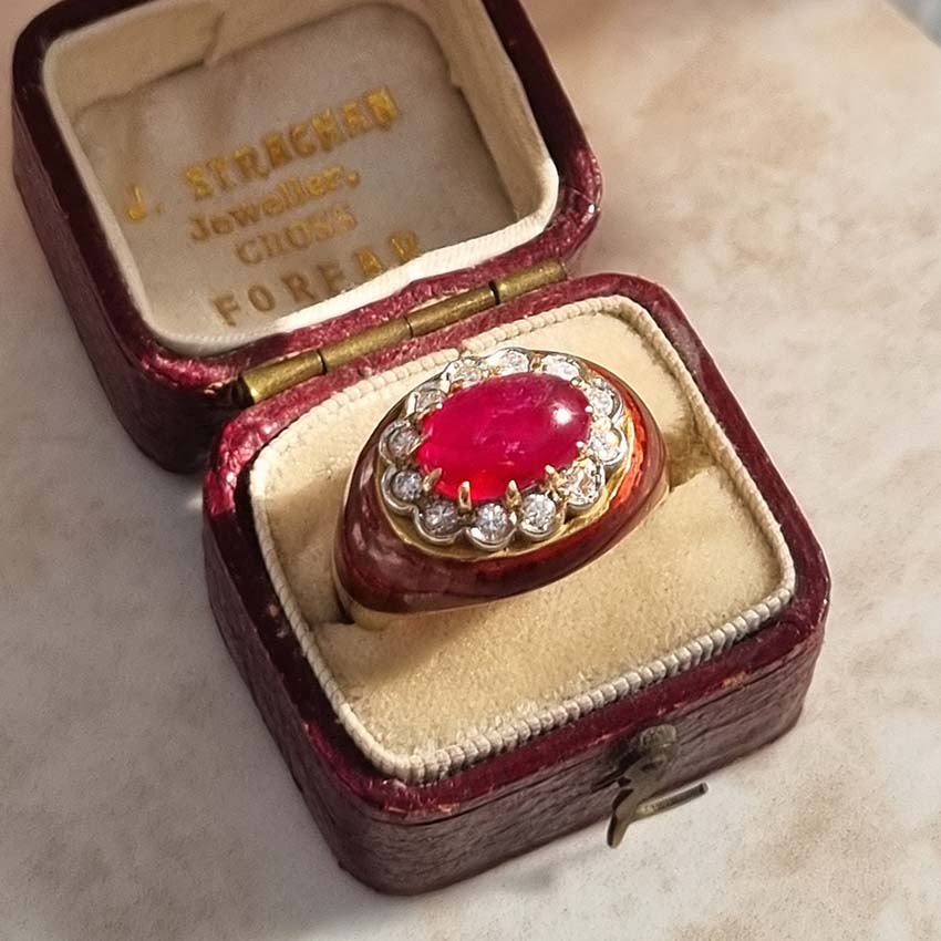 Vintage Cabochon cut Burma Ruby 1960s No Heat Diamond and Red Enamel Ring cluster