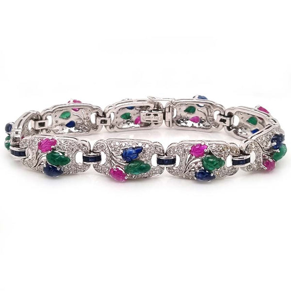 Multi Gemstone Sapphire Ruby Emerald and 4.50ct Diamond Tutti Frutti Bracelet in 18ct White gold, each diamond panel with hand carved cabochon Emerald, Ruby and Sapphire in leaf design