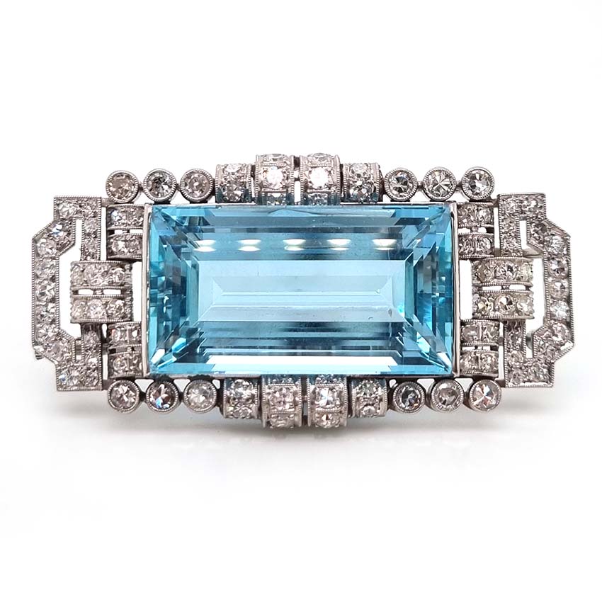 Art Deco 30ct Aquamarine and Diamond Cluster Brooch in Platinum