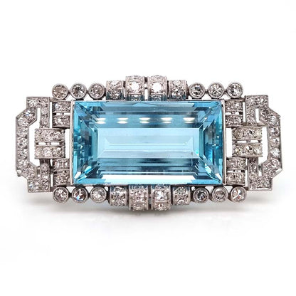 Art Deco 30ct Aquamarine and Diamond Cluster Brooch in Platinum