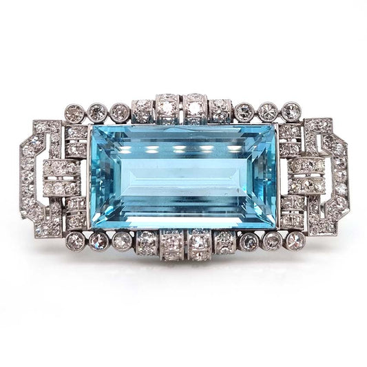 Art Deco 30ct Aquamarine and Diamond Cluster Brooch in Platinum