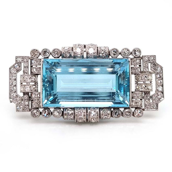 Art Deco 30ct Aquamarine and Diamond Cluster Brooch in Platinum