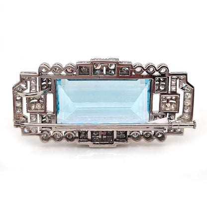 Art Deco 30ct Aquamarine and Diamond Cluster Brooch in Platinum