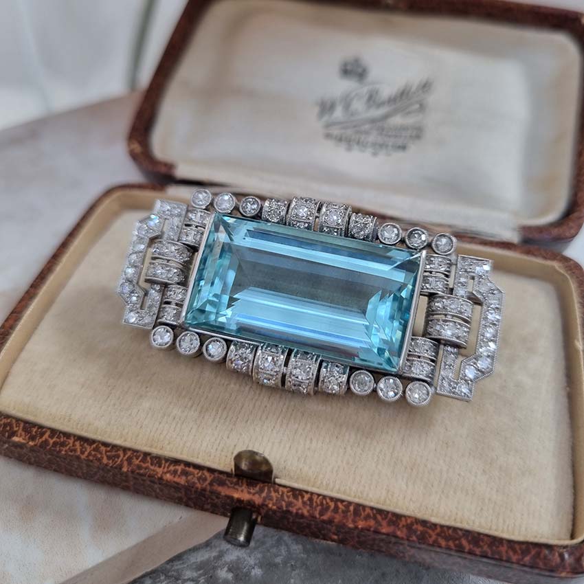 Art Deco 30ct Aquamarine and Diamond Cluster Brooch in Platinum