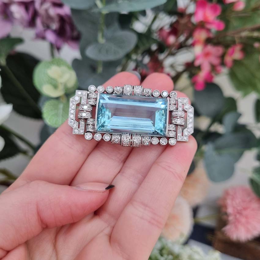 Art Deco 30ct Aquamarine and Diamond Cluster Brooch in Platinum