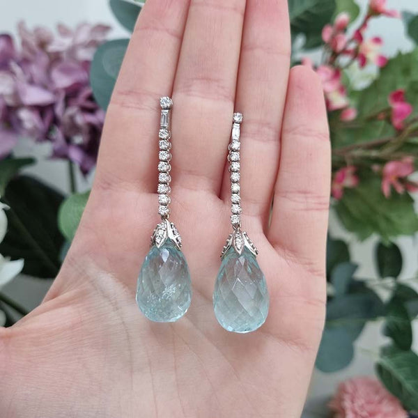 20cts Briolette Cut Aquamarine and Diamond Drop Earrings, pear teardrop shaped briolette-cut aquamarine suspended on brilliant cut diamond drop in 18ct white gold