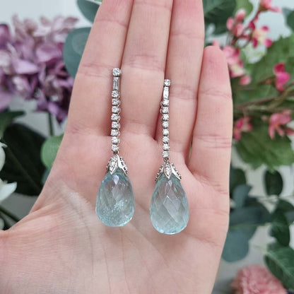 20cts Briolette Cut Aquamarine and Diamond Drop Earrings