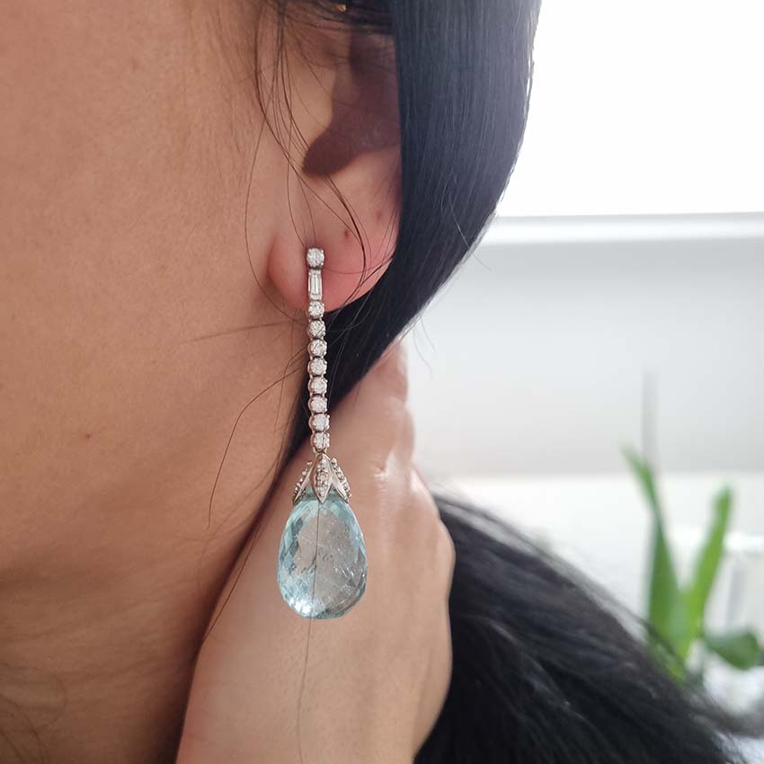 20cts Briolette Cut Aquamarine and Diamond Drop Earrings