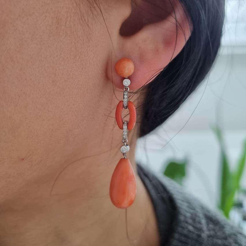 Art Deco Coral and Diamond Drop Earrings