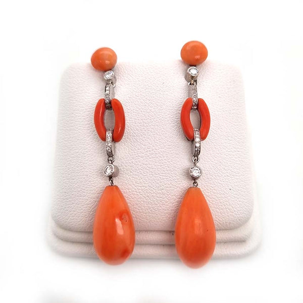 Art Deco Coral and Diamond Drop Earrings