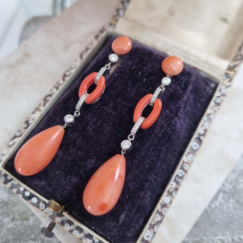 Art Deco Coral and Diamond Drop Earrings