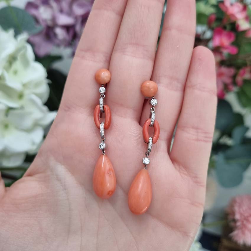 Art Deco Coral and Diamond Drop Earrings