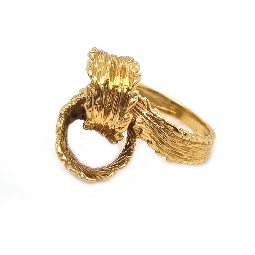 Vintage 1960s Textured Gold Feather Ribbon Knot Ring