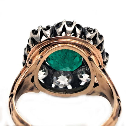 Georgian Antique Colombian Emerald and Old Cut Diamond Cluster Ring