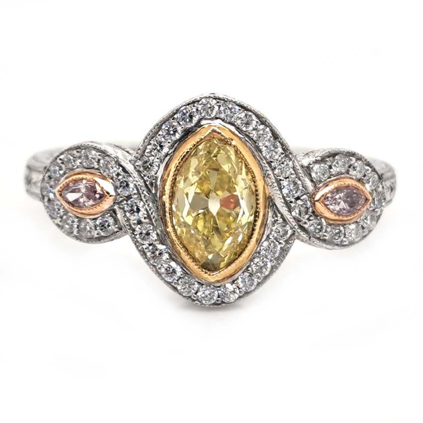 GIA Fancy Yellow and Pink Diamond Trilogy Cluster Ring