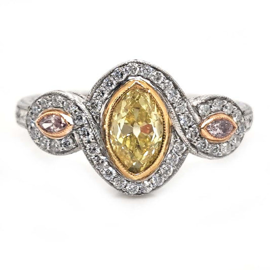 GIA Fancy Yellow and Pink Diamond Trilogy Cluster Ring