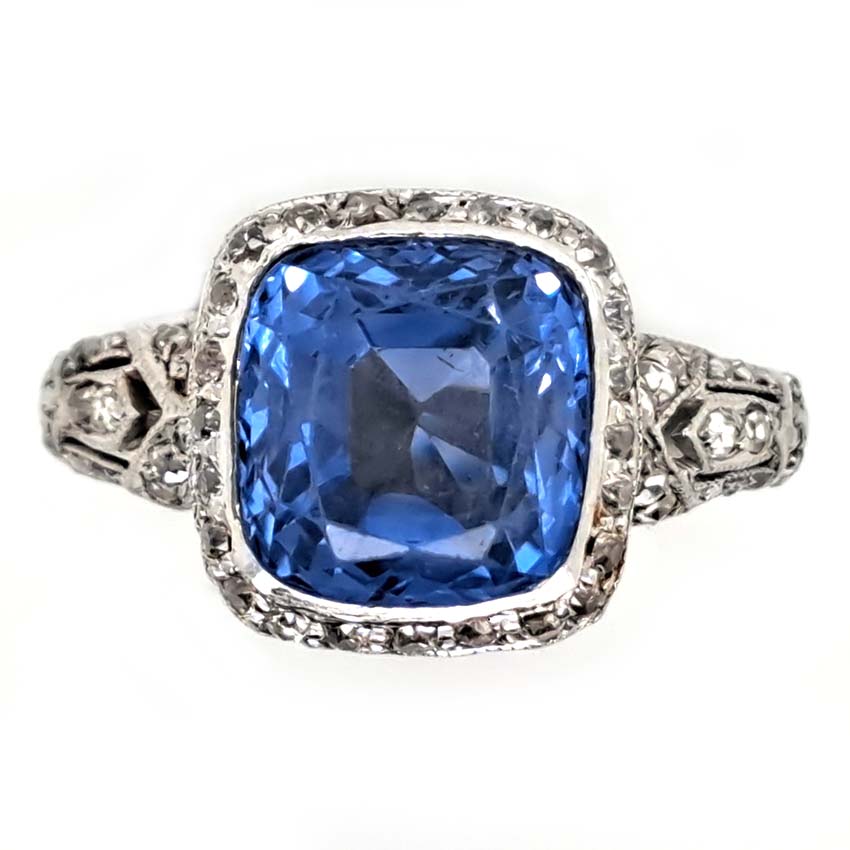 Antique Natural Cornflower Ceylon Sapphire and Diamond Ring