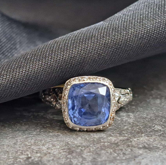Antique Natural Cornflower Ceylon Sapphire and Diamond Ring