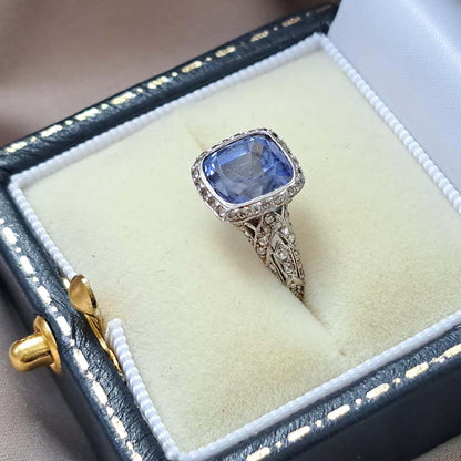 Antique Natural Cornflower Ceylon Sapphire and Diamond Ring