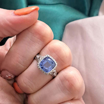 Antique Natural Cornflower Ceylon Sapphire and Diamond Ring