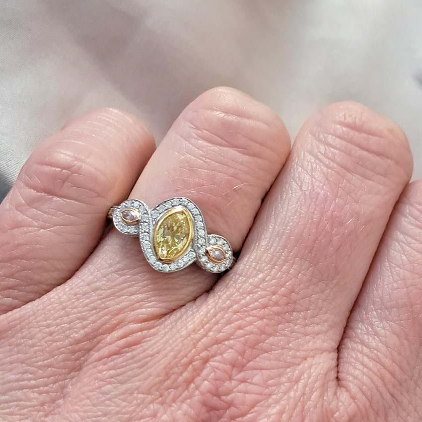 GIA Fancy Yellow and Pink Diamond Trilogy Cluster Ring