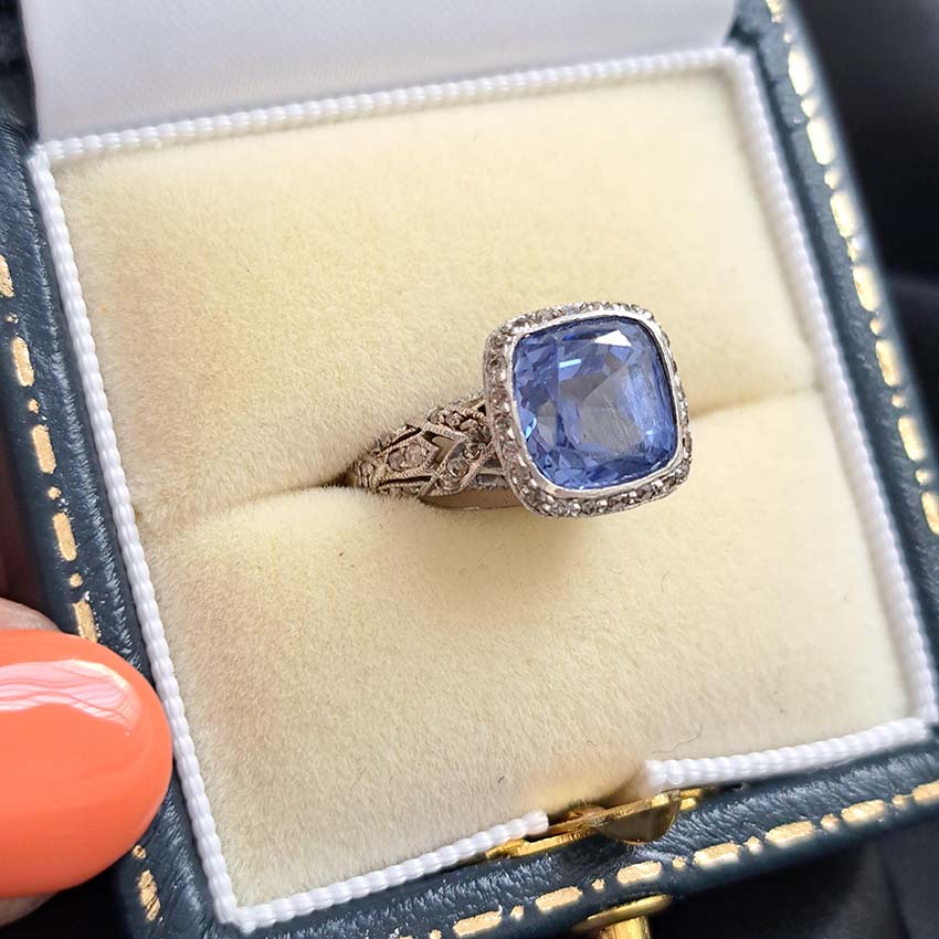 Antique Natural Cornflower Ceylon Sapphire and Diamond Ring