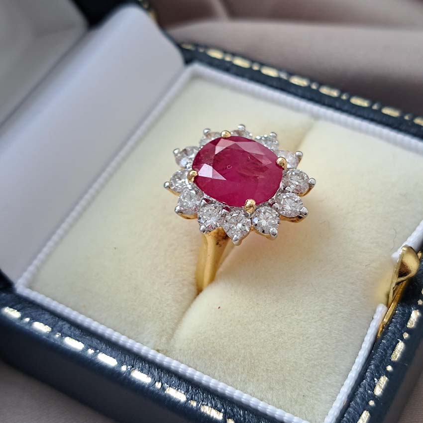 3.30ct Oval Ruby and Diamond Cluster Engagement Ring