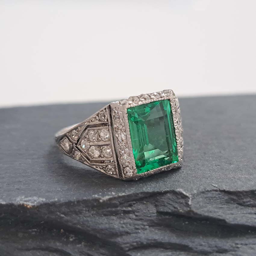 Edwardian Antique 2.10ct Emerald and Diamond Cluster Ring