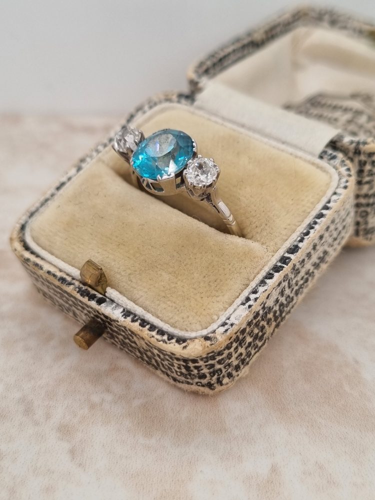 Vintage Art Deco Blue Zircon and Diamond Trilogy Ring in Platinum
