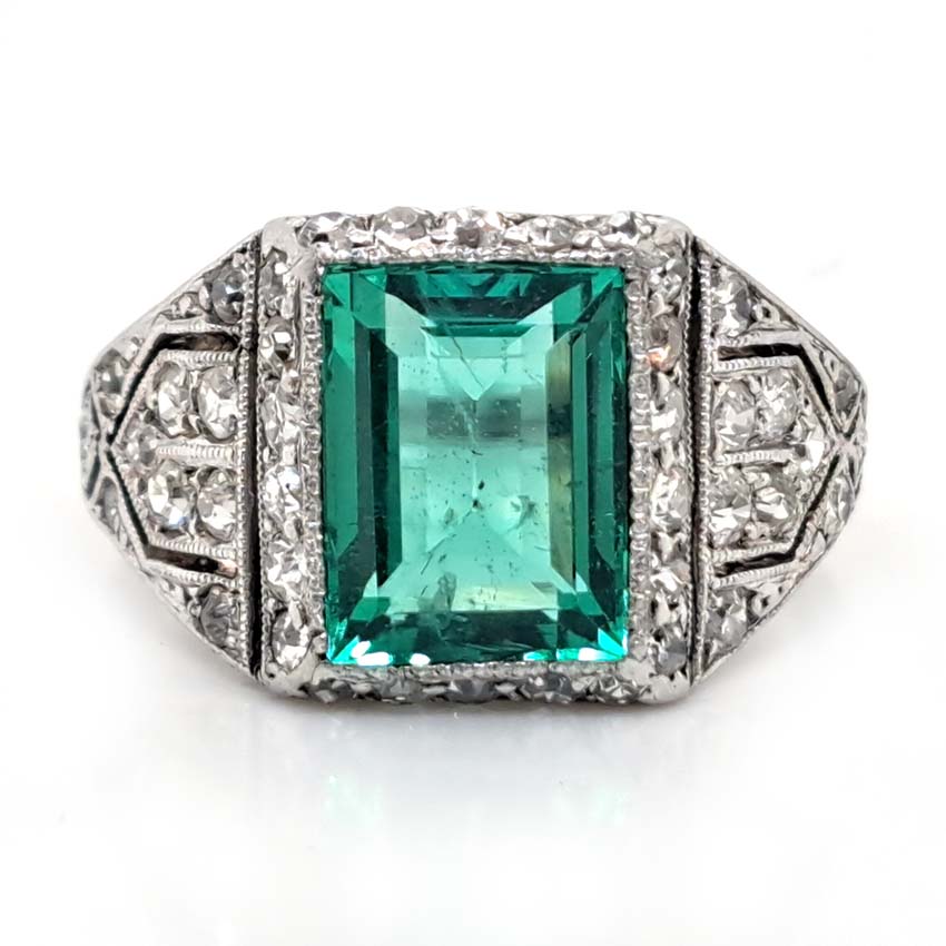 Edwardian Antique 2.10ct Emerald and Diamond Cluster Ring