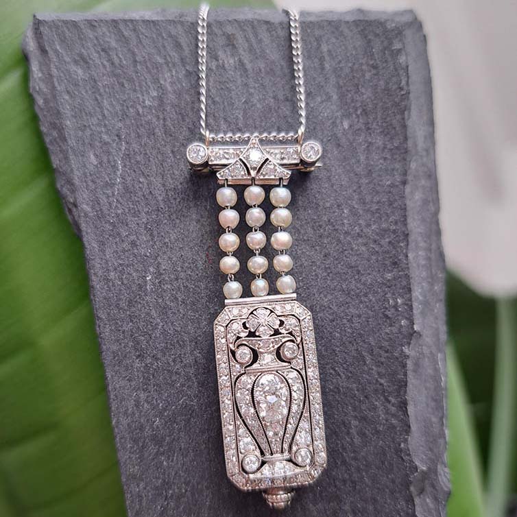 Tiffany and Co Art Deco Diamond Pearl Platinum Watch Pendant