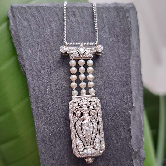 Tiffany and Co Art Deco Diamond Pearl Platinum Watch Pendant