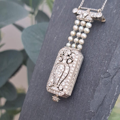 Tiffany and Co Art Deco Diamond Pearl Platinum Watch Pendant