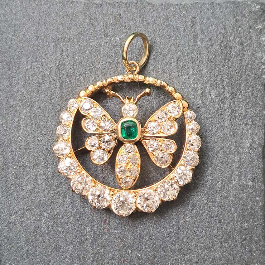 Victorian Antique Emerald and Diamond Butterfly Pendant