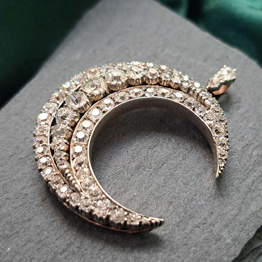Victorian Antique Old Cut Diamond Crescent Moon Pendant