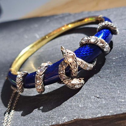 Victorian Antique Blue Enamel and Diamond Set Gold Snake Bangle Bracelet