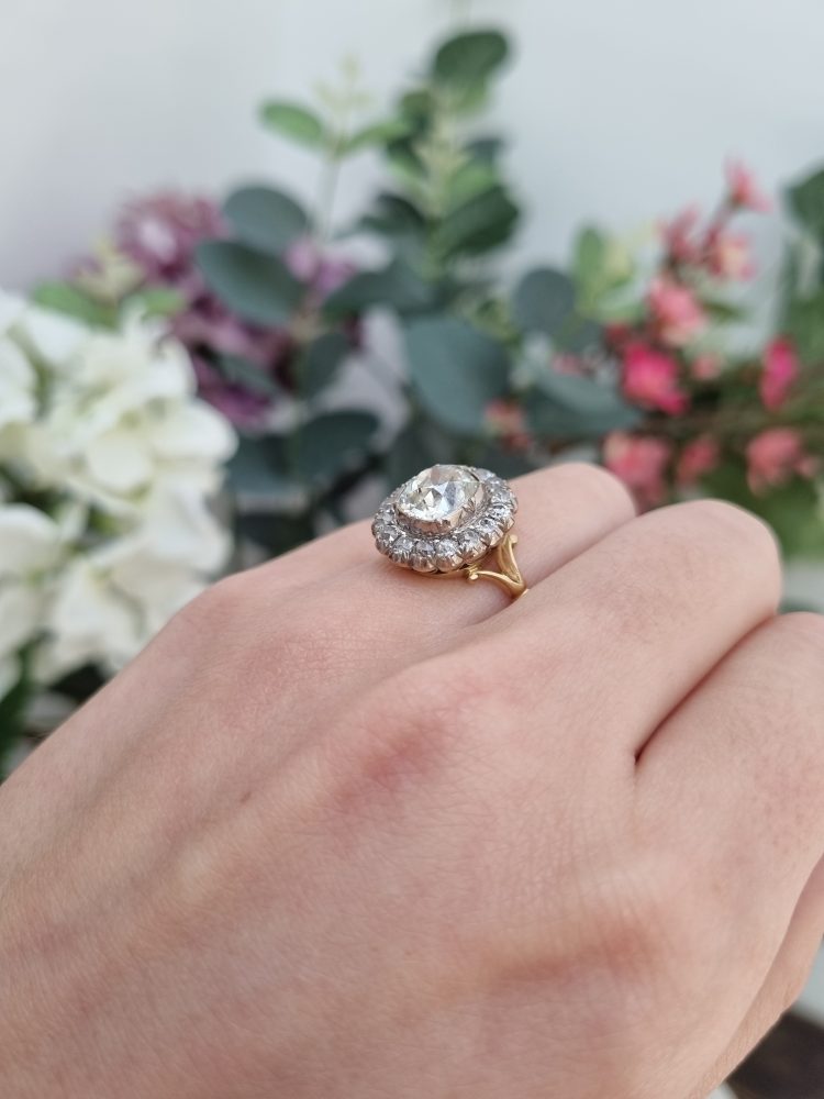 2.15ct Old Cut Diamond Cluster Engagement Ring, 3.8ct total