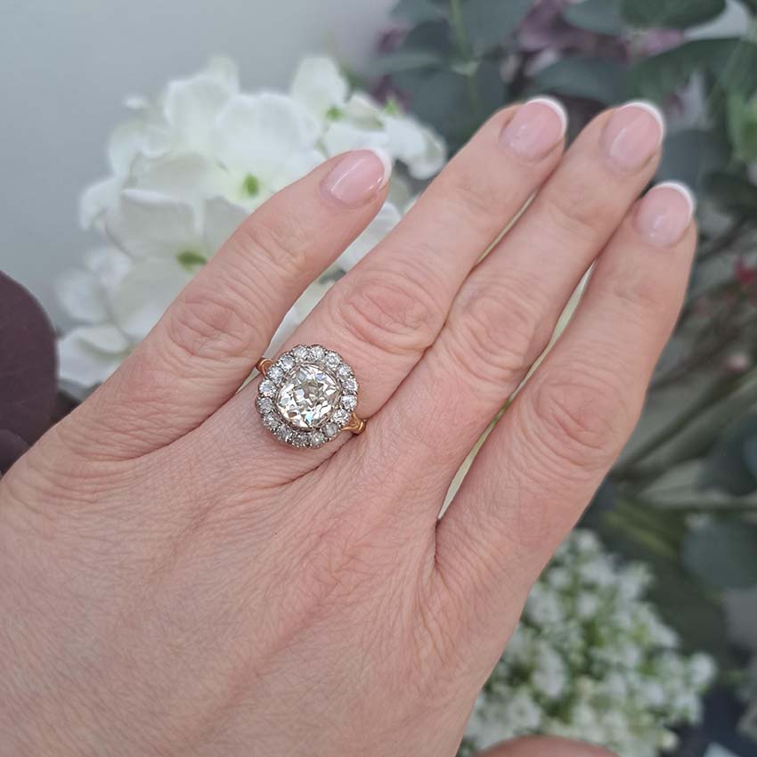 2.15ct Old Cut Diamond Cluster Engagement Ring, 3.8ct total