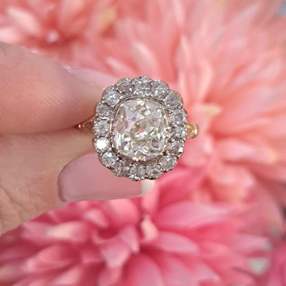 2.15ct Old Cut Diamond Cluster Engagement Ring, 3.8ct total