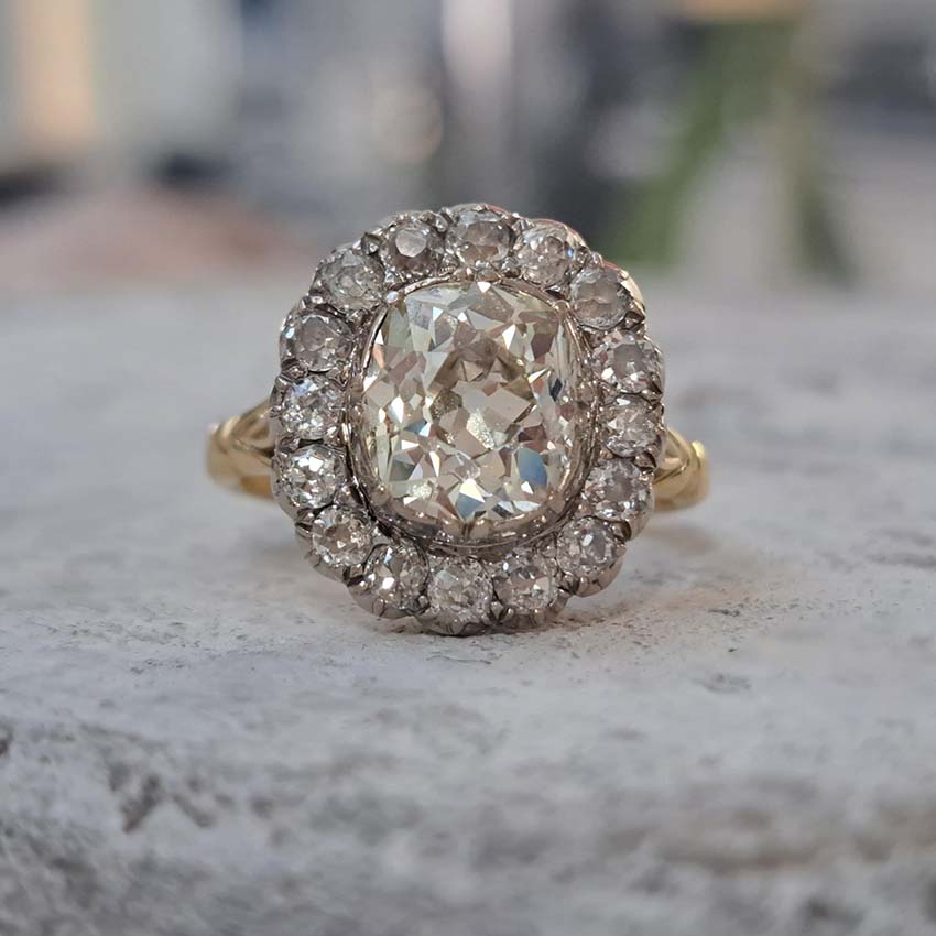 2.15ct Old Cut Diamond Cluster Ring, over 3 carat total