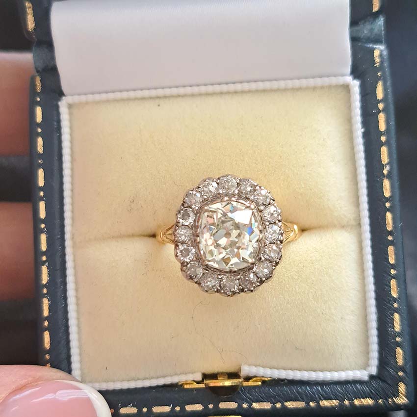 2.15ct Old Cut Diamond Cluster Engagement Ring, 3.8ct total