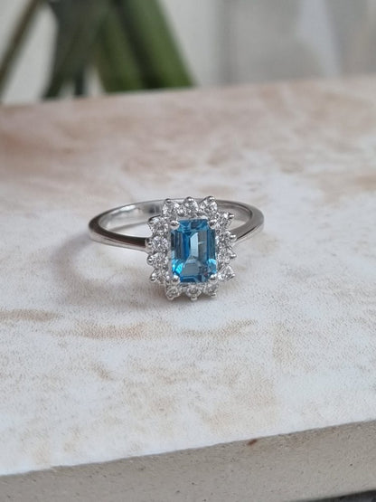 0.60ct Aquamarine and Diamond Cluster Engagement Ring in 18ct White Gold