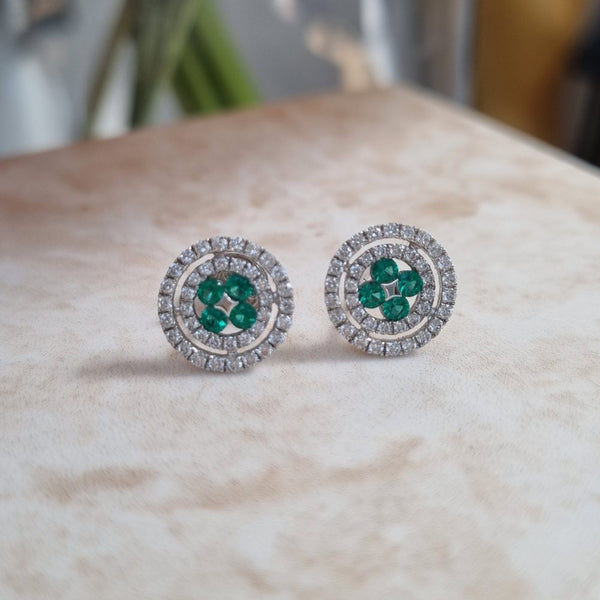 Emerald and diamond round cluster earrings in 18ct white gold
