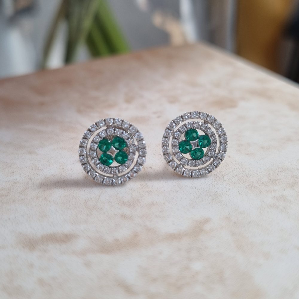 Round Emerald and Diamond Double Halo Stud Earrings in 18ct White Gold
