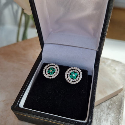 Round Emerald and Diamond Double Halo Stud Earrings in 18ct White Gold