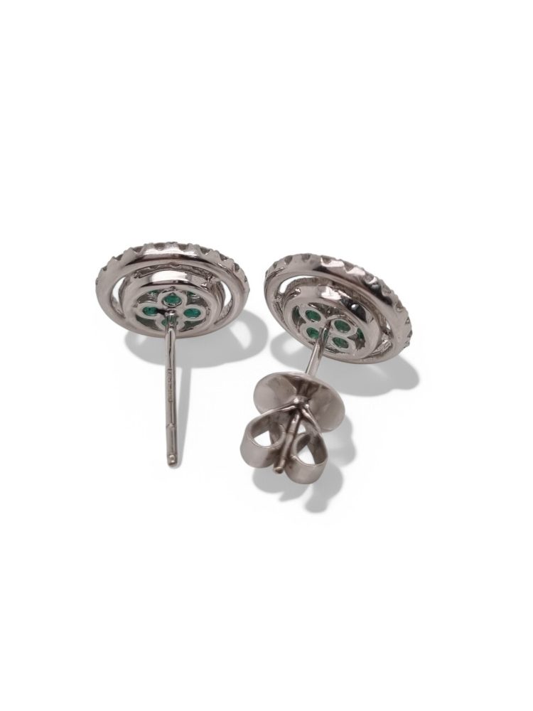 Round Emerald and Diamond Double Halo Stud Earrings in 18ct White Gold