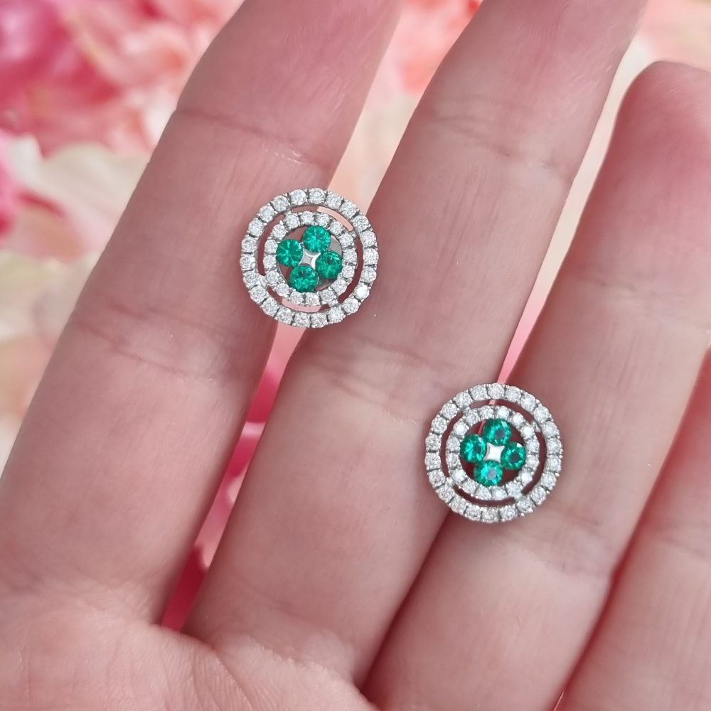 Round Emerald and Diamond Double Halo Stud Earrings in 18ct White Gold