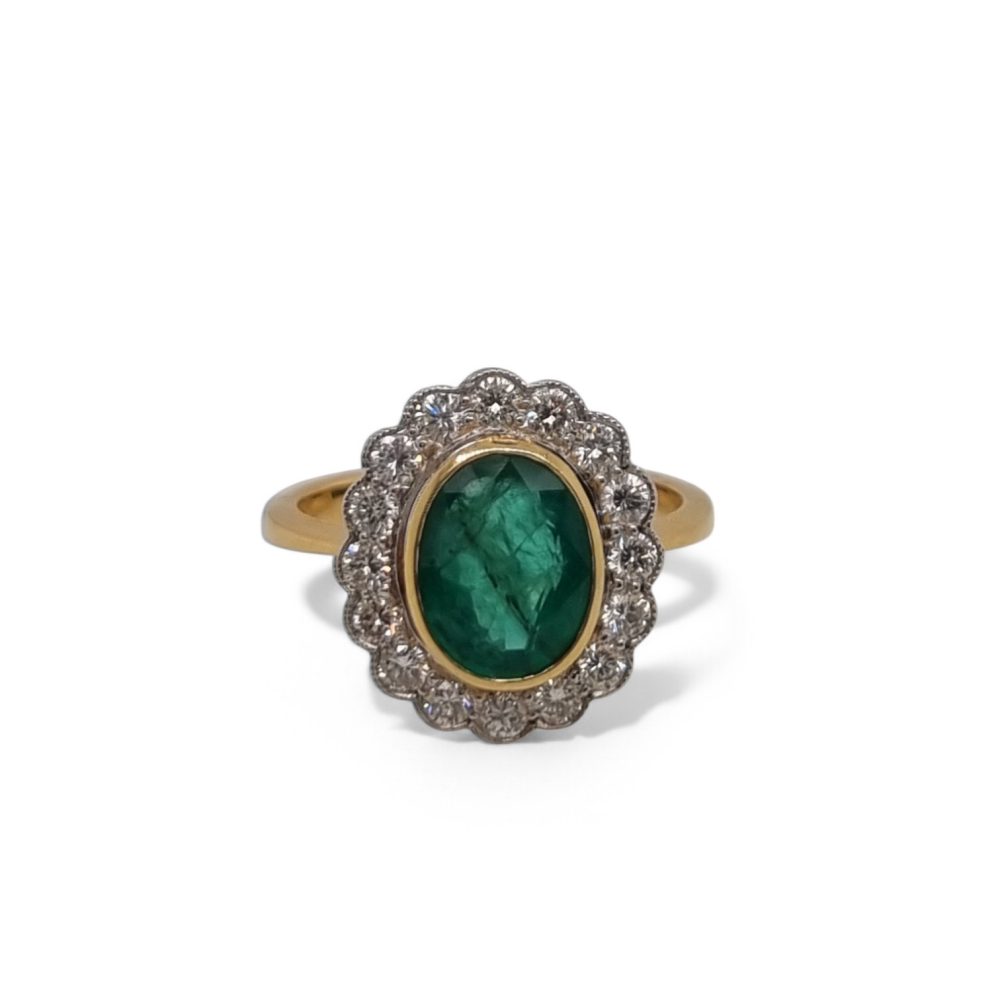 2.25ct Oval Emerald and Diamond Cluster Engagement Ring in 18ct Yellow Gold