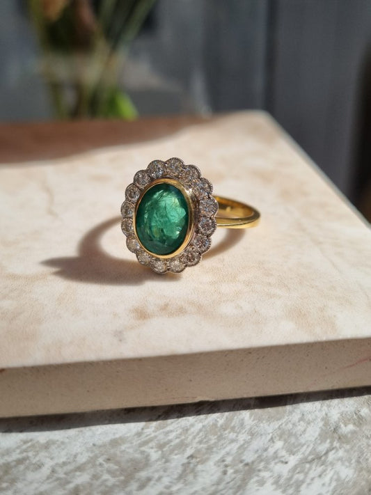2.25ct Oval Emerald and Diamond Cluster Engagement Ring in 18ct Yellow Gold